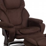 Contemporary Multi-Position Recliner and Ottoman with Swivel Mahogany Wood Base in Brown Microfiber