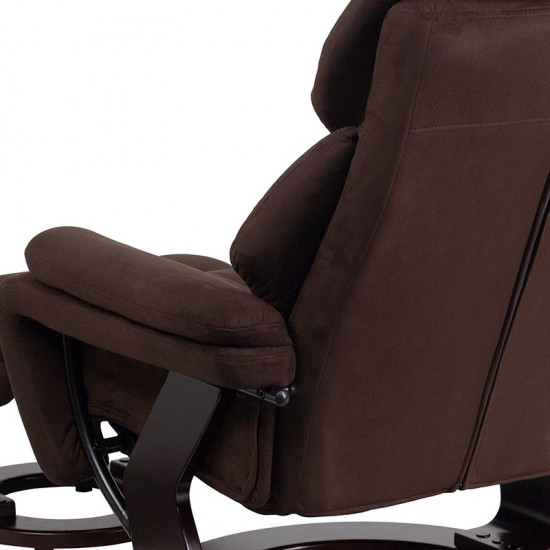 Contemporary Multi-Position Recliner and Ottoman with Swivel Mahogany Wood Base in Brown Microfiber