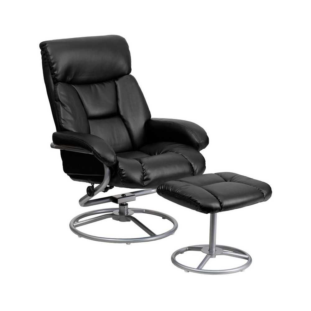 Contemporary Multi-Position Recliner and Ottoman with Metal Base in Black LeatherSoft Contemporary Multi-Position Recliner and Ottoman with Metal Base in Black LeatherSoft
