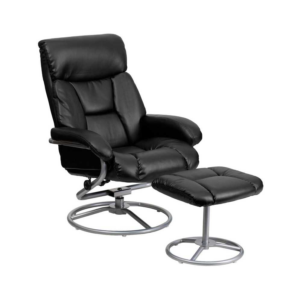 Contemporary Multi-Position Recliner and Ottoman with Metal Base in Black LeatherSoft