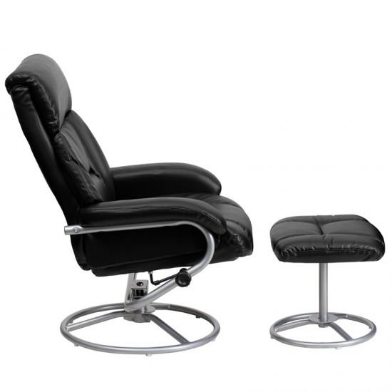 Contemporary Multi-Position Recliner and Ottoman with Metal Base in Black LeatherSoft