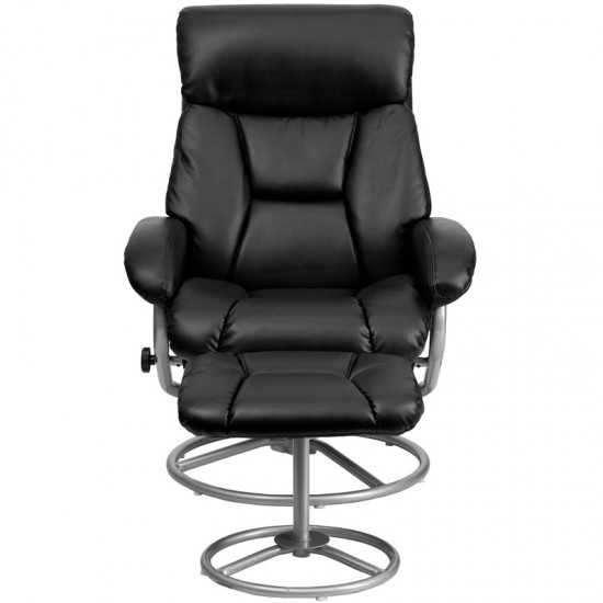 Contemporary Multi-Position Recliner and Ottoman with Metal Base in Black LeatherSoft