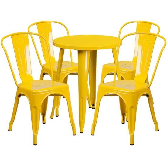 Commercial Grade 24" Round Yellow Metal Indoor-Outdoor Table Set with 4 Cafe Chairs