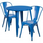 Commercial Grade 30" Round Blue Metal Indoor-Outdoor Table Set with 2 Cafe Chairs