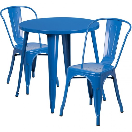 Commercial Grade 30" Round Blue Metal Indoor-Outdoor Table Set with 2 Cafe Chairs