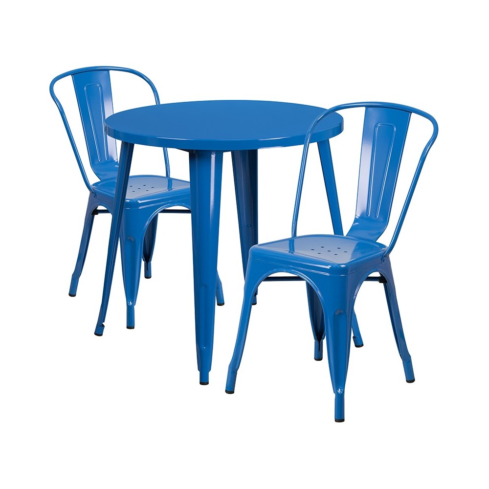 Commercial Grade 30" Round Blue Metal Indoor-Outdoor Table Set with 2 Cafe Chairs