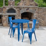 Commercial Grade 30" Round Blue Metal Indoor-Outdoor Table Set with 2 Cafe Chairs