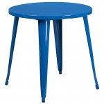 Commercial Grade 30" Round Blue Metal Indoor-Outdoor Table Set with 2 Cafe Chairs