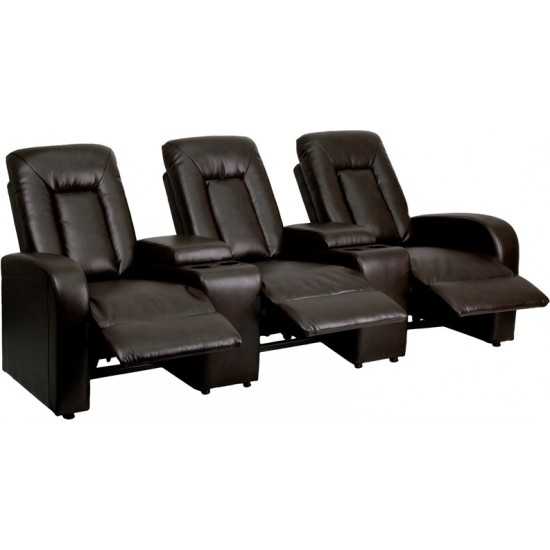 Eclipse Series 3-Seat Reclining Brown LeatherSoft Theater Seating Unit with Cup Holders