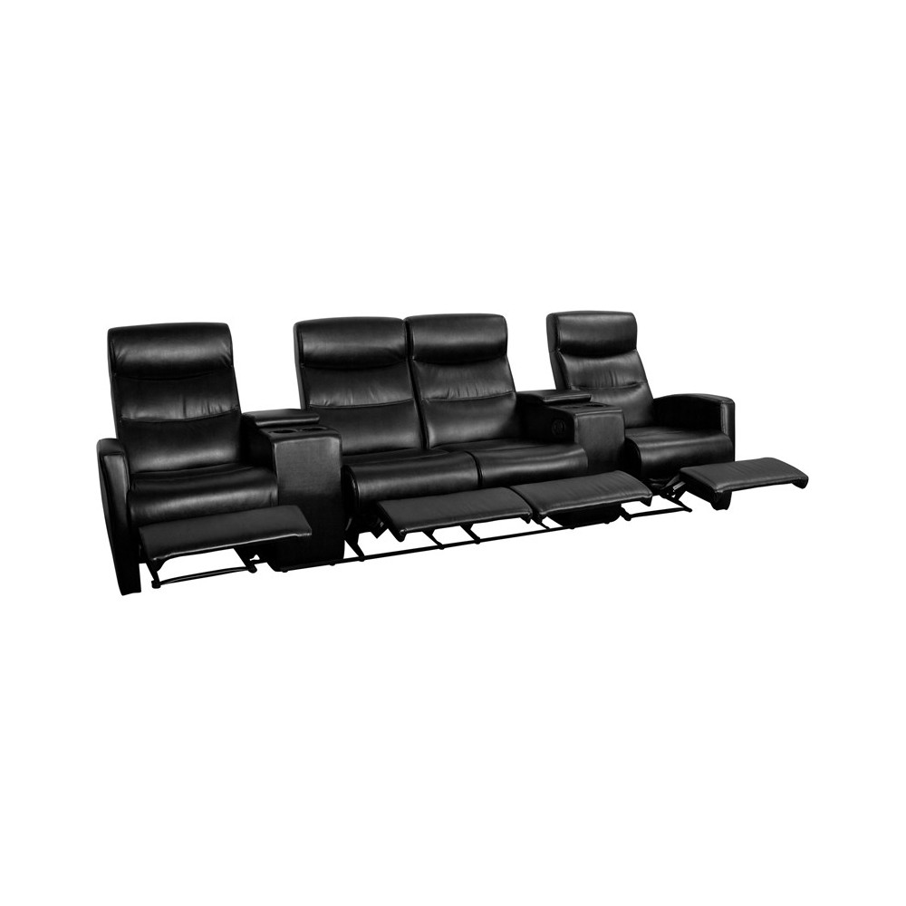 Anetos Series 4-Seat Reclining Black LeatherSoft Theater Seating Unit with Cup Holders