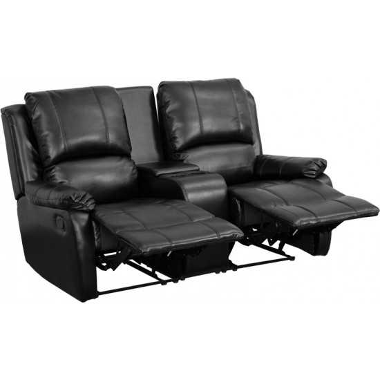 Allure Series 2-Seat Reclining Pillow Back Black LeatherSoft Theater Seating Unit with Cup Holders