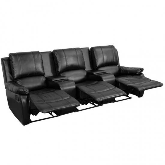 Allure Series 3-Seat Reclining Pillow Back Black LeatherSoft Theater Seating Unit with Cup Holders