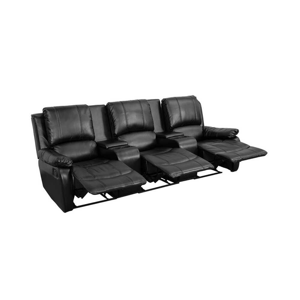 Allure Series 3-Seat Reclining Pillow Back Black LeatherSoft Theater Seating Unit with Cup Holders Allure Series 3-Seat Reclining Pillow Back Black LeatherSoft Theater Seating Unit with Cup Holders