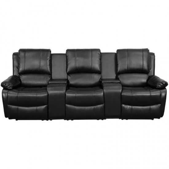 Allure Series 3-Seat Reclining Pillow Back Black LeatherSoft Theater Seating Unit with Cup Holders