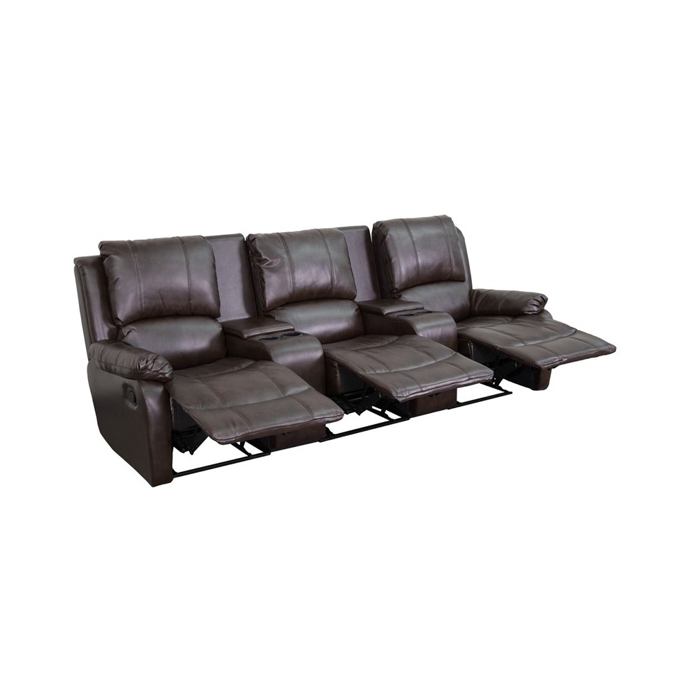 Allure Series 3-Seat Reclining Pillow Back Brown LeatherSoft Theater Seating Unit with Cup Holders