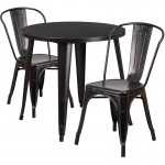 Commercial Grade 30" Round Black-Antique Gold Metal Indoor-Outdoor Table Set with 2 Cafe Chairs