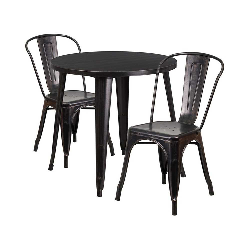 Commercial Grade 30" Round Black-Antique Gold Metal Indoor-Outdoor Table Set with 2 Cafe Chairs