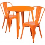 Commercial Grade 30" Round Orange Metal Indoor-Outdoor Table Set with 2 Cafe Chairs