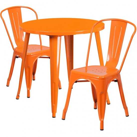 Commercial Grade 30" Round Orange Metal Indoor-Outdoor Table Set with 2 Cafe Chairs