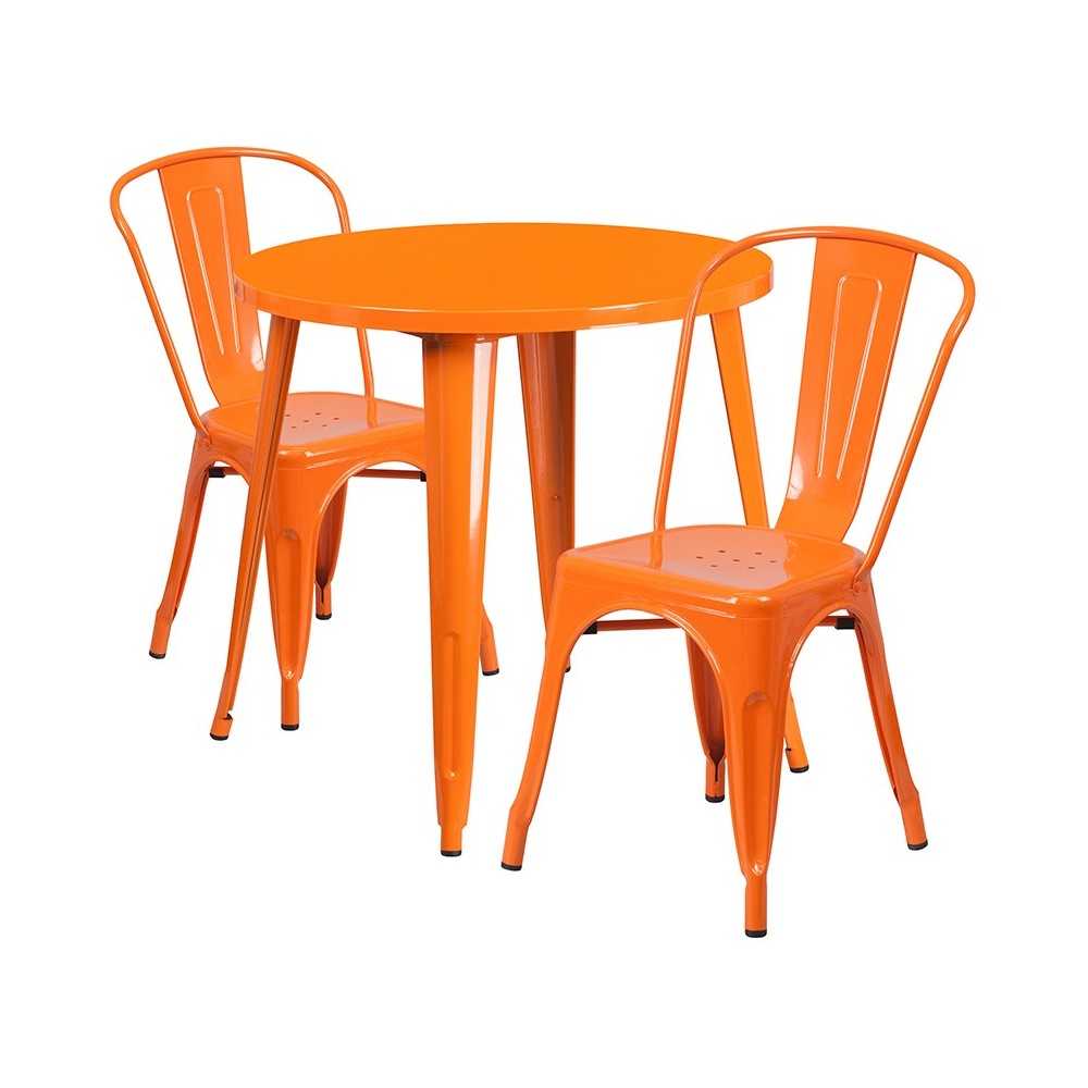 Commercial Grade 30" Round Orange Metal Indoor-Outdoor Table Set with 2 Cafe Chairs