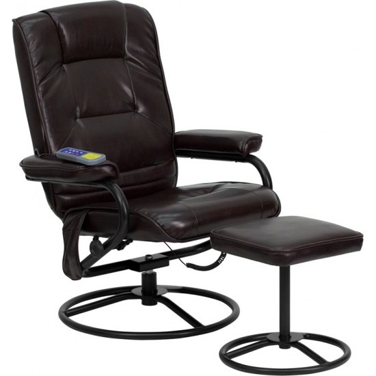 Massaging Multi-Position Recliner and Ottoman with Metal Bases in Brown LeatherSoft