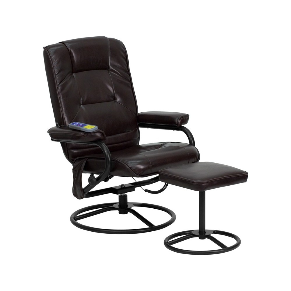 Massaging Multi-Position Recliner and Ottoman with Metal Bases in Brown LeatherSoft Massaging Multi-Position Recliner and Ottoman with Metal Bases in Brown LeatherSoft