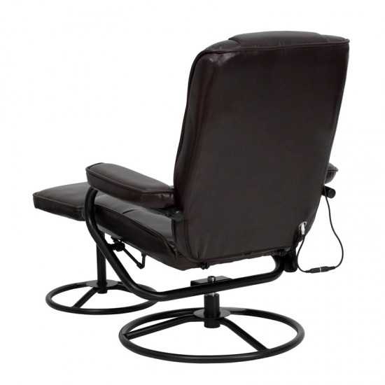 Massaging Multi-Position Recliner and Ottoman with Metal Bases in Brown LeatherSoft