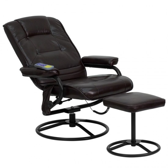 Massaging Multi-Position Recliner and Ottoman with Metal Bases in Brown LeatherSoft