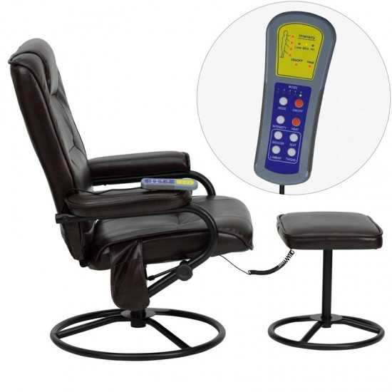 Massaging Multi-Position Recliner and Ottoman with Metal Bases in Brown LeatherSoft