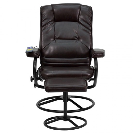 Massaging Multi-Position Recliner and Ottoman with Metal Bases in Brown LeatherSoft
