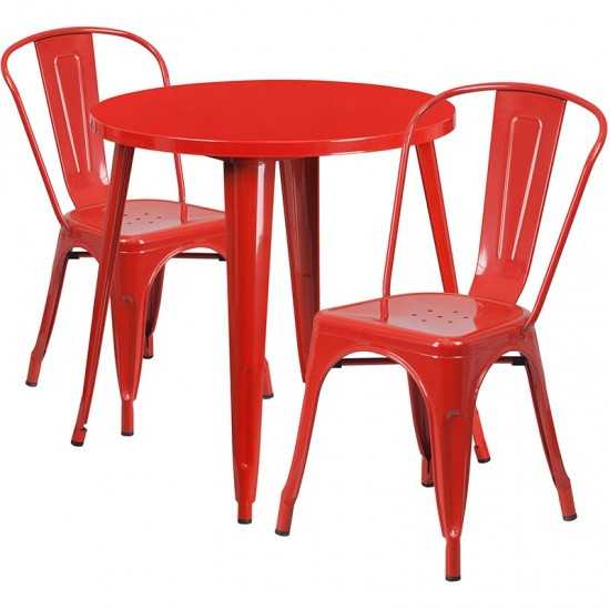 Commercial Grade 30" Round Red Metal Indoor-Outdoor Table Set with 2 Cafe Chairs