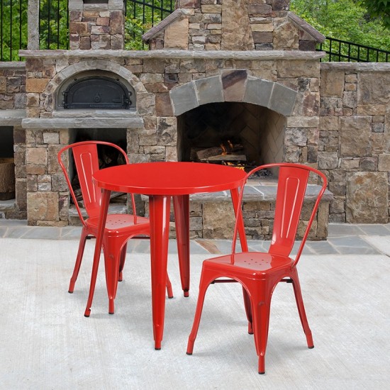 Commercial Grade 30" Round Red Metal Indoor-Outdoor Table Set with 2 Cafe Chairs