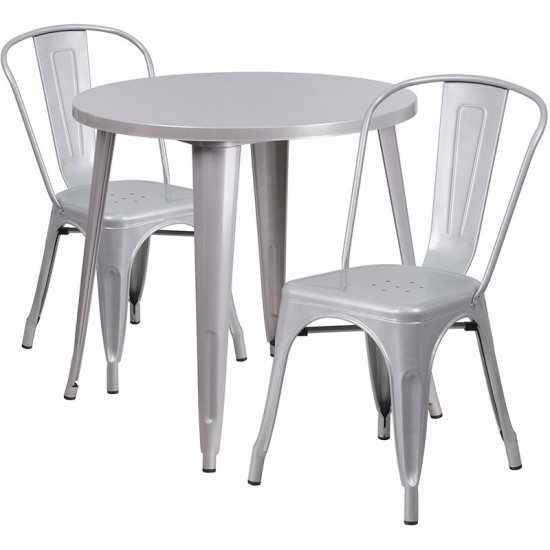 Commercial Grade 30" Round Silver Metal Indoor-Outdoor Table Set with 2 Cafe Chairs