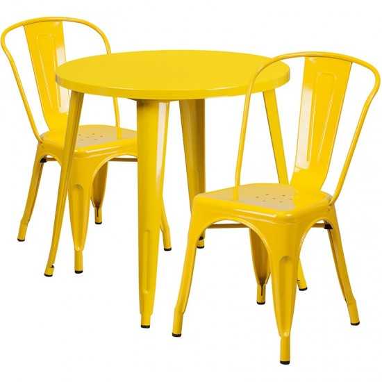 Commercial Grade 30" Round Yellow Metal Indoor-Outdoor Table Set with 2 Cafe Chairs