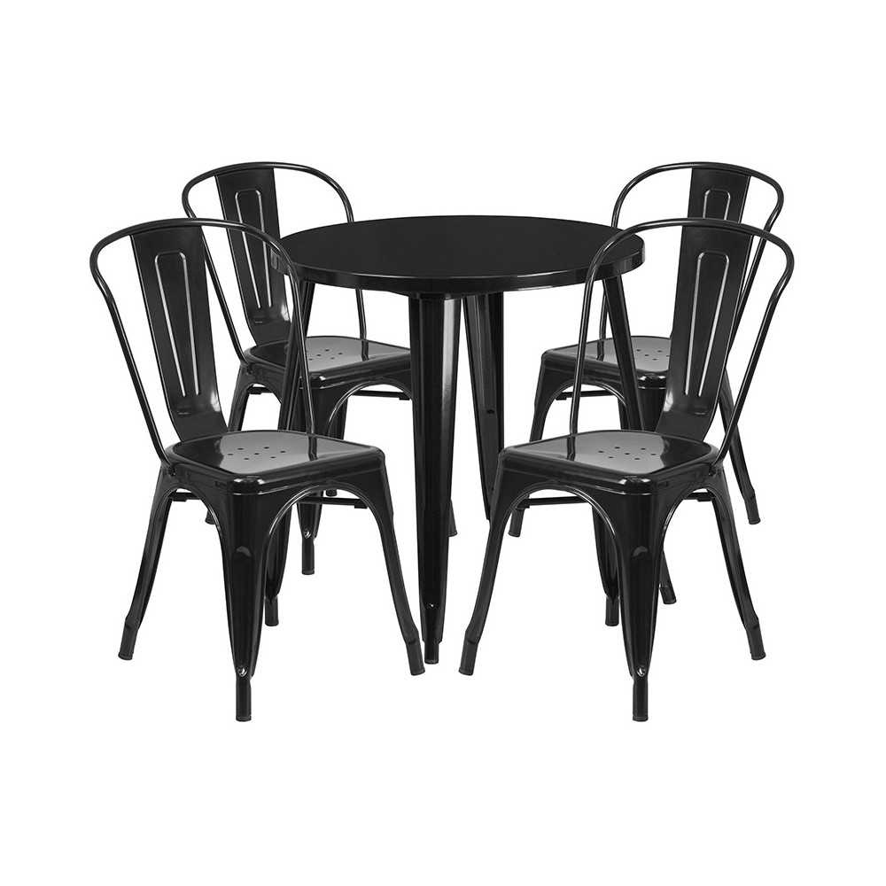 Commercial Grade 30" Round Black Metal Indoor-Outdoor Table Set with 4 Cafe Chairs