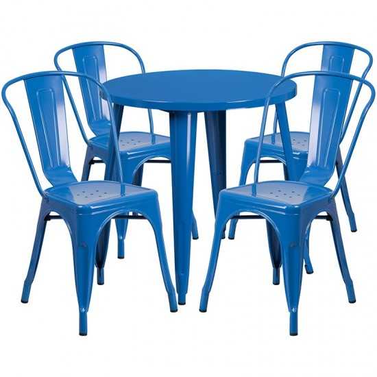 Commercial Grade 30" Round Blue Metal Indoor-Outdoor Table Set with 4 Cafe Chairs