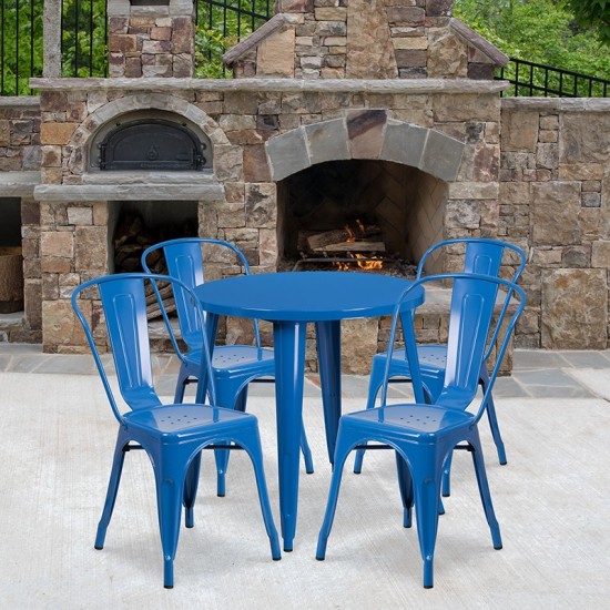 Commercial Grade 30" Round Blue Metal Indoor-Outdoor Table Set with 4 Cafe Chairs