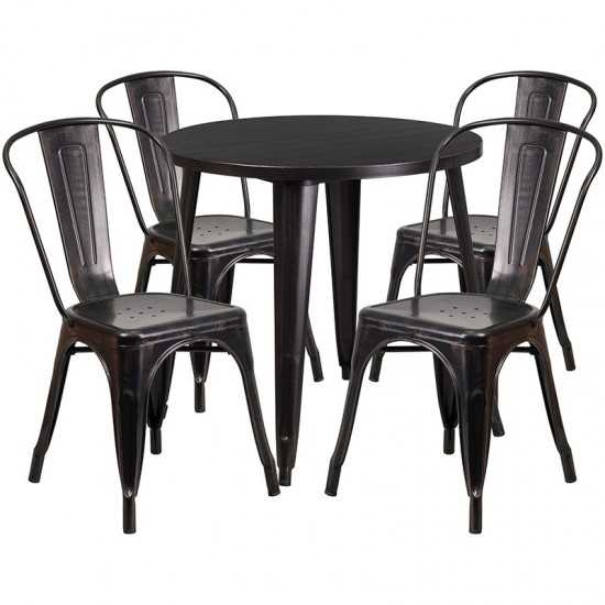 Commercial Grade 30" Round Black-Antique Gold Metal Indoor-Outdoor Table Set with 4 Cafe Chairs