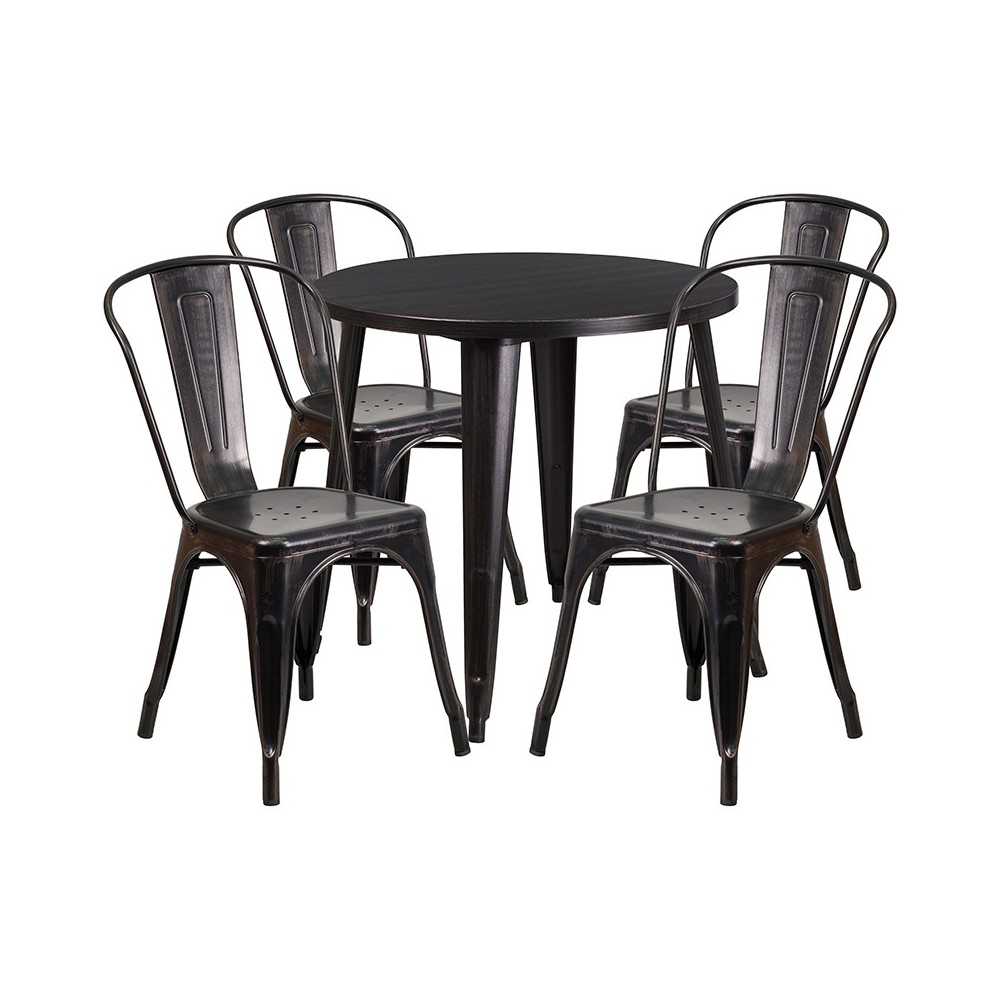 Commercial Grade 30" Round Black-Antique Gold Metal Indoor-Outdoor Table Set with 4 Cafe Chairs Commercial Grade 30" Round Black-Antique Gold Metal Indoor-Outdoor Table Set with 4 Cafe Chairs