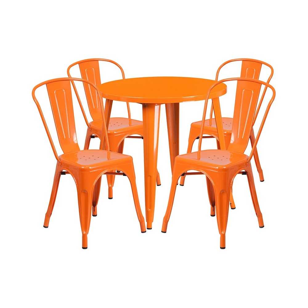 Commercial Grade 30" Round Orange Metal Indoor-Outdoor Table Set with 4 Cafe Chairs