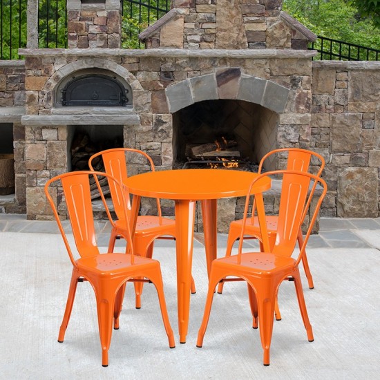 Commercial Grade 30" Round Orange Metal Indoor-Outdoor Table Set with 4 Cafe Chairs