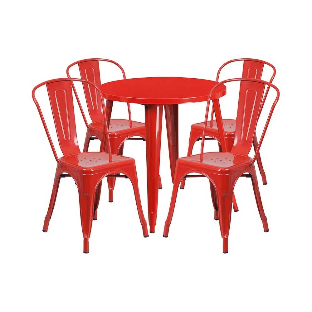 Commercial Grade 30" Round Red Metal Indoor-Outdoor Table Set with 4 Cafe Chairs