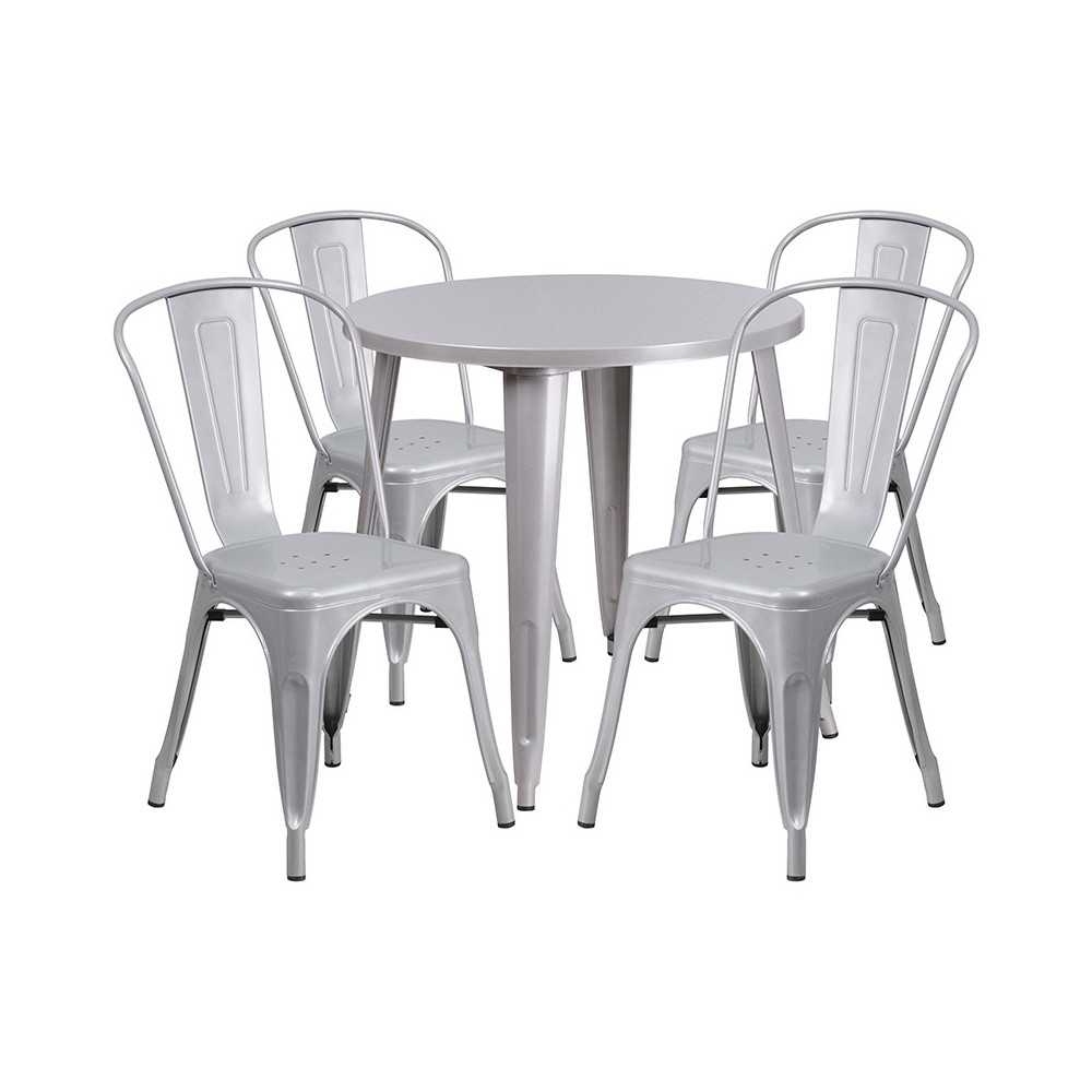 Commercial Grade 30" Round Silver Metal Indoor-Outdoor Table Set with 4 Cafe Chairs