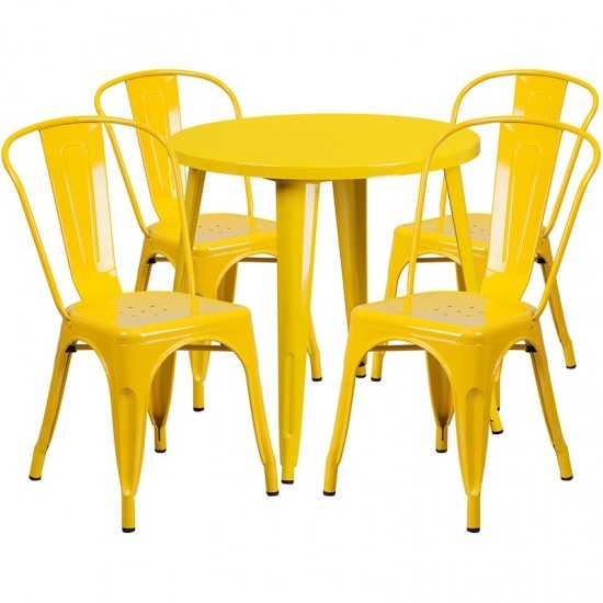 Commercial Grade 30" Round Yellow Metal Indoor-Outdoor Table Set with 4 Cafe Chairs