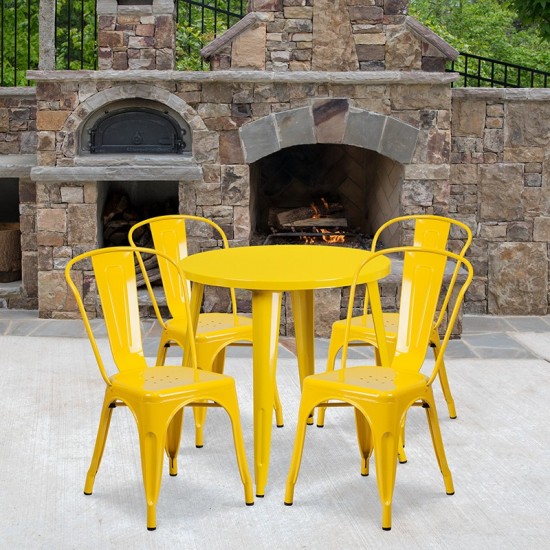 Commercial Grade 30" Round Yellow Metal Indoor-Outdoor Table Set with 4 Cafe Chairs