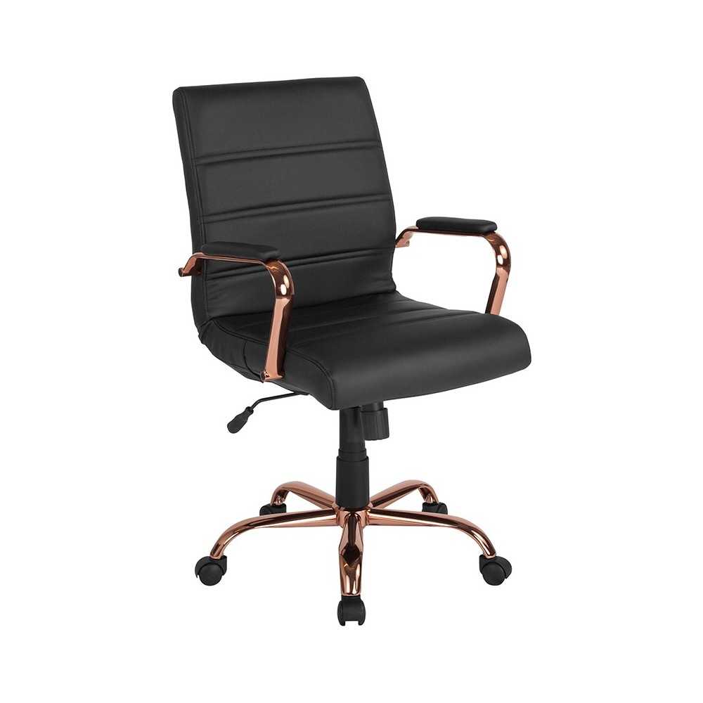 Mid-Back Black LeatherSoft Executive Swivel Office Chair with Rose Gold Frame and Arms