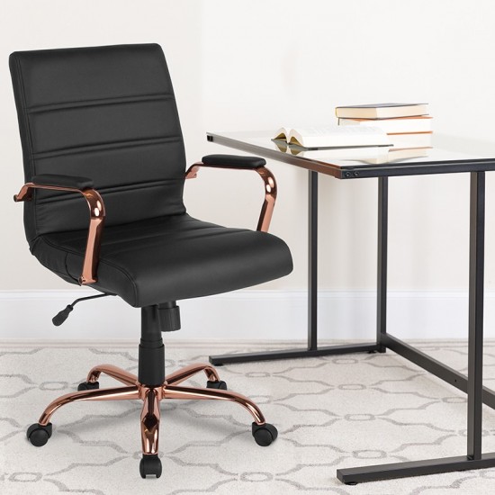 Mid-Back Black LeatherSoft Executive Swivel Office Chair with Rose Gold Frame and Arms