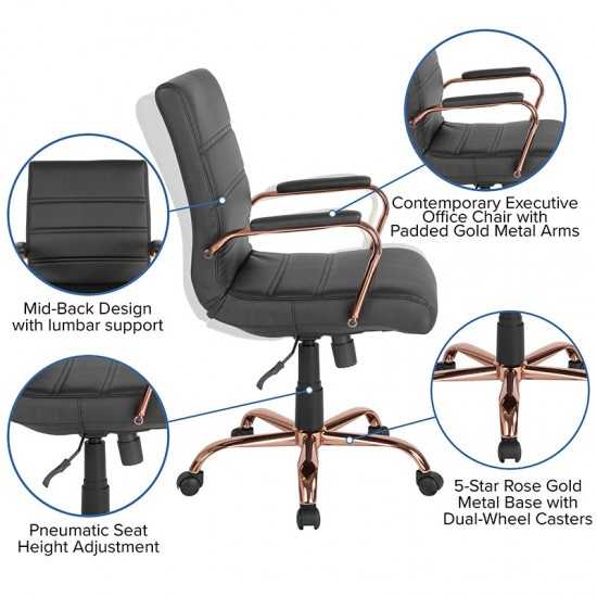 Mid-Back Black LeatherSoft Executive Swivel Office Chair with Rose Gold Frame and Arms