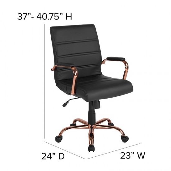 Mid-Back Black LeatherSoft Executive Swivel Office Chair with Rose Gold Frame and Arms