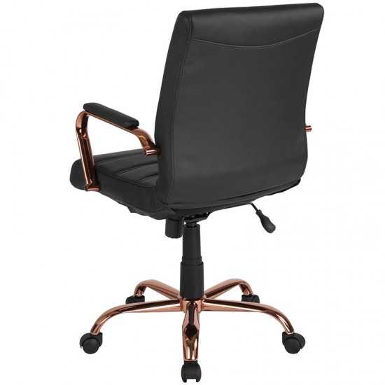 Mid-Back Black LeatherSoft Executive Swivel Office Chair with Rose Gold Frame and Arms